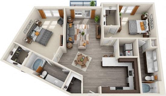 Floor plan for 2 beds, 2 baths, 1312 sqft