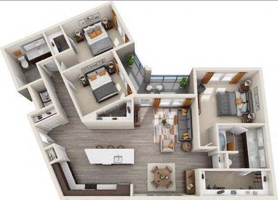 Floor plan for 3 beds, 2 baths, 1456 sqft