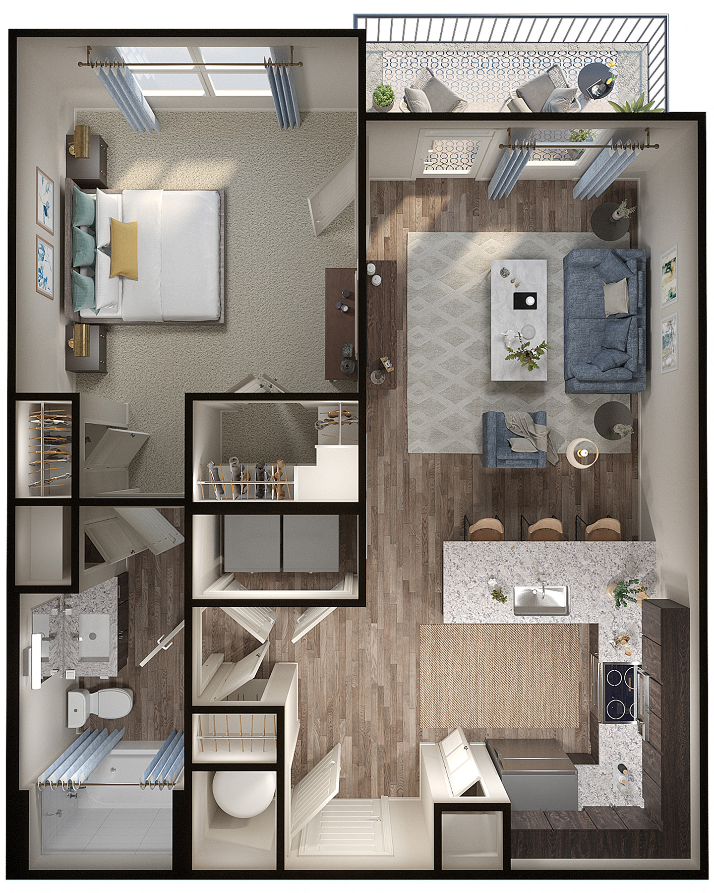 Floor plan for 1 bed, 1 bath, 726 sqft