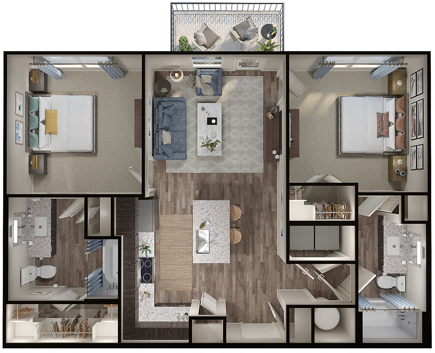 Floor plan for 2 beds, 2 baths, 950 sqft