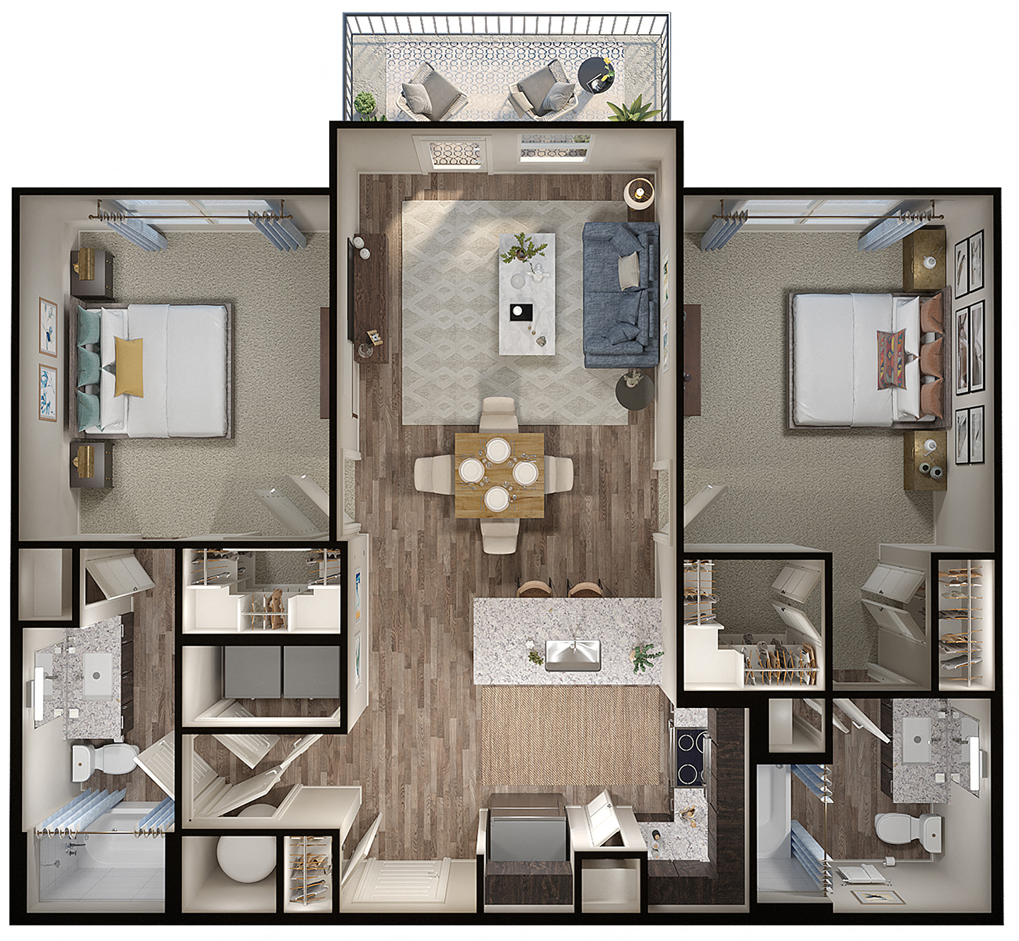 Floor plan for 2 beds, 2 baths, 1051 sqft