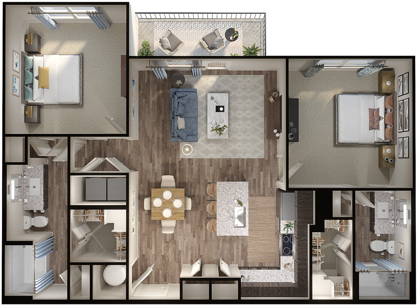 Floor plan for 2 beds, 2 baths, 1131 sqft