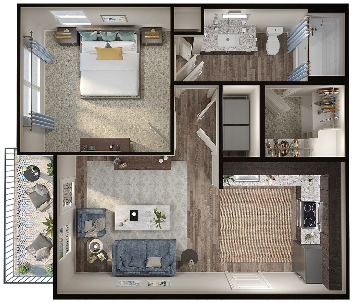 Floor plan for 1 bed, 1 bath, 613 sqft