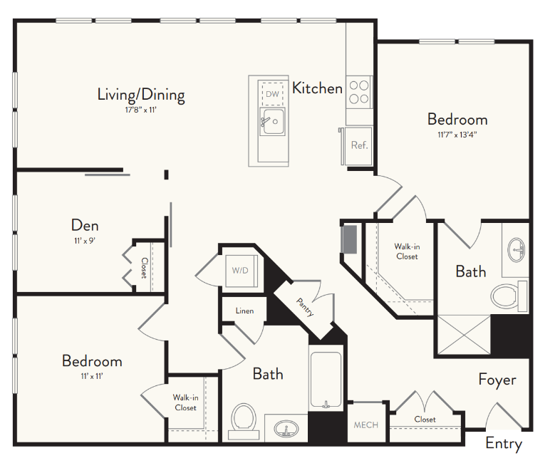 Floor plan for 2 beds, 2 baths, 1255 sqft