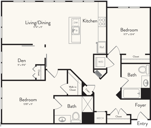 Floor plan for 2 beds, 2 baths, 1261 sqft