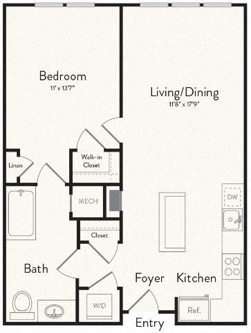 Floor plan for 1 bed, 1 bath, 728 sqft