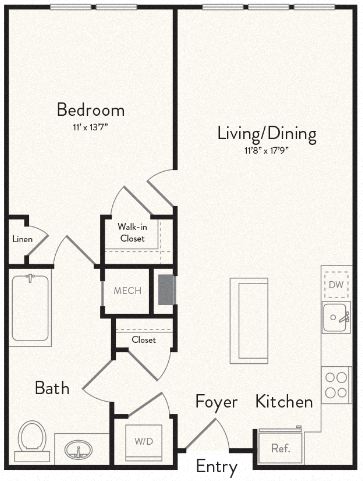 Floor plan for 1 bed, 1 bath, 728 sqft