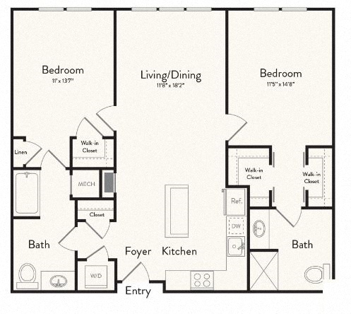 Floor plan for 2 beds, 2 baths, 1095 sqft