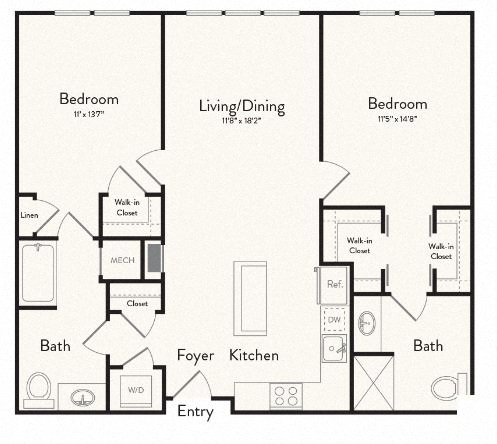 Floor plan for 2 beds, 2 baths, 1148 sqft