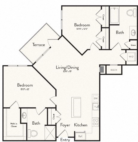 Floor plan for 2 beds, 2 baths, 1063 sqft