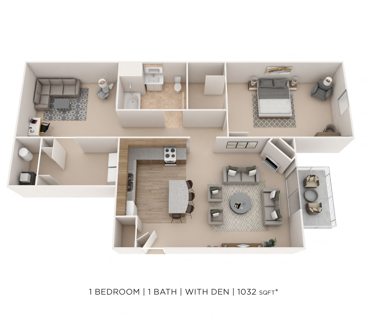 Floor plan for 1 bed, 1 bath, 1032 sqft