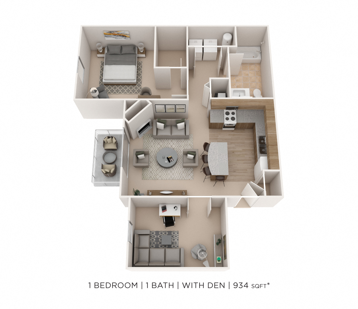 Floor plan for 1 bed, 1 bath, 934 sqft