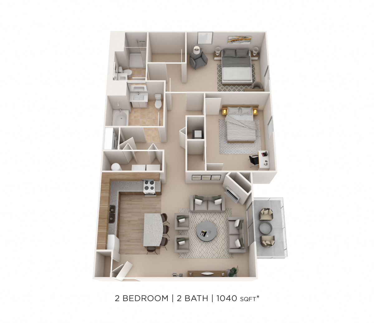 Floor plan for 2 beds, 2 baths, 1040 sqft