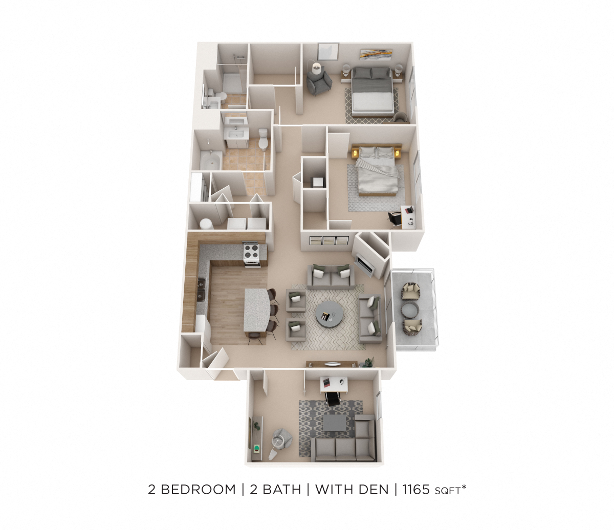 Floor plan for 2 beds, 2 baths, 1165 sqft