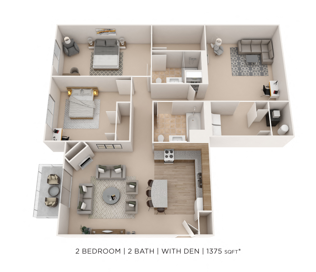 Floor plan for 2 beds, 2 baths, 1375 sqft