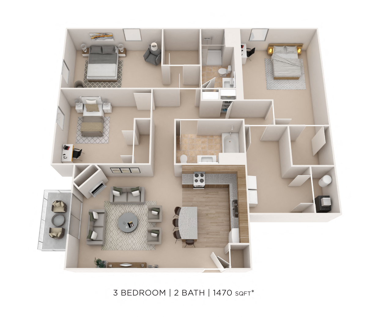 Floor plan for 3 beds, 2 baths, 1470 sqft