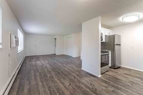 Webster apartment for rent - A kitchen area with a refrigerator and microwave.