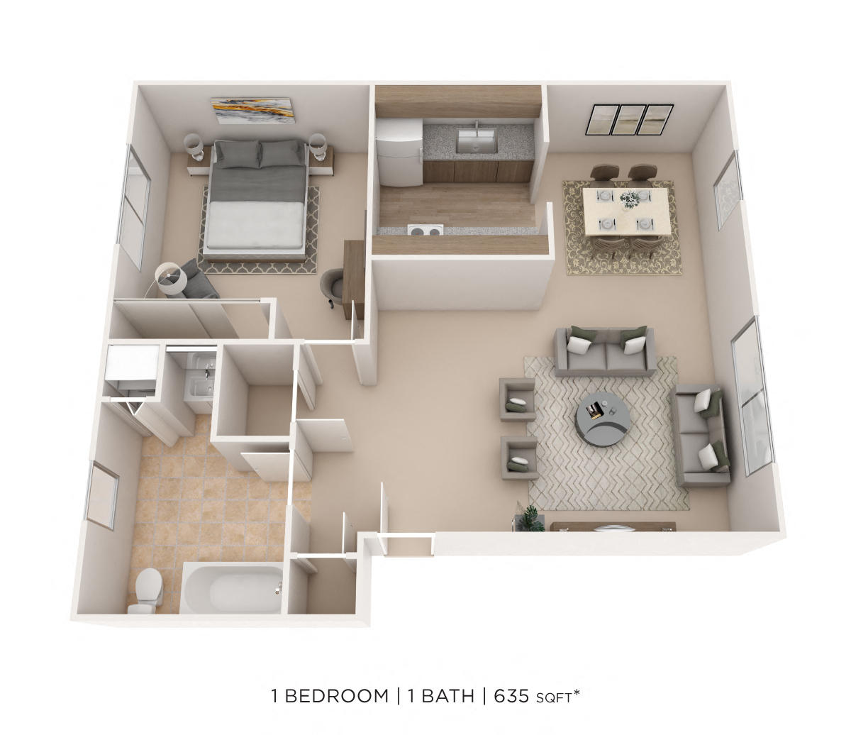 Floor plan for 1 bed, 1 bath, 635 sqft