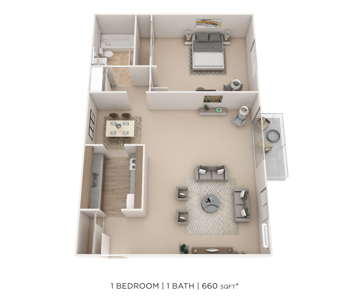 Floor plan for 1 bed, 1 bath, 660 sqft