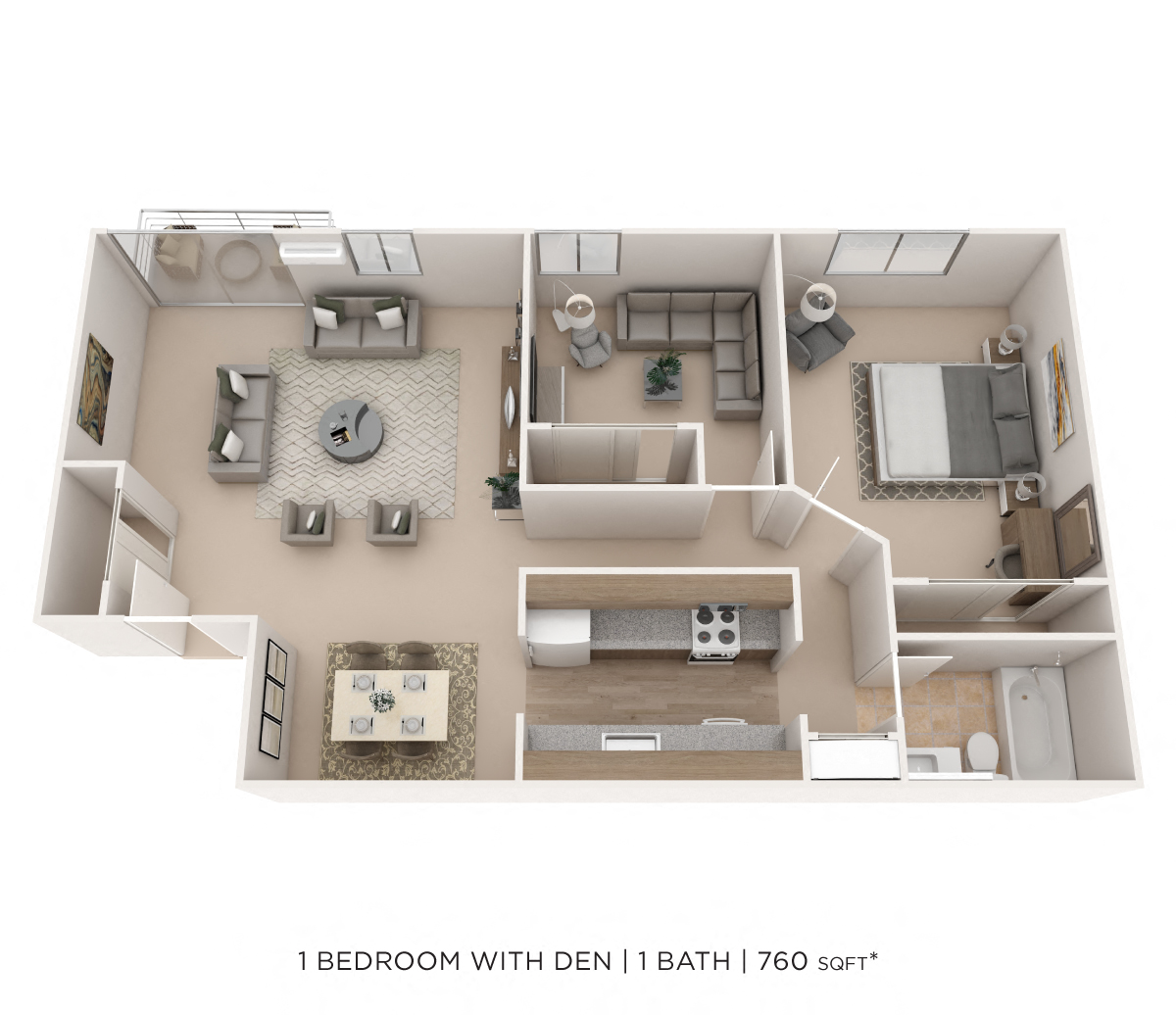 Floor plan for 1 bed, 1 bath, 760 sqft