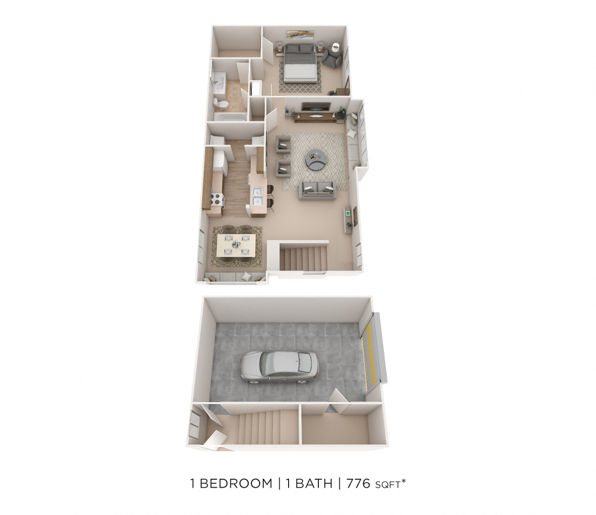 Floor plan for 1 bed, 1 bath, 776 sqft