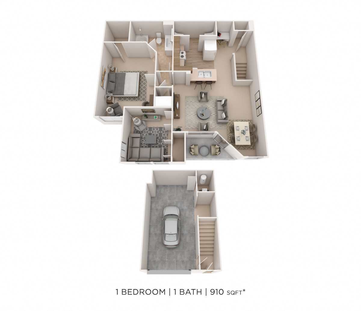 Floor plan for 1 bed, 1 bath, 910 sqft