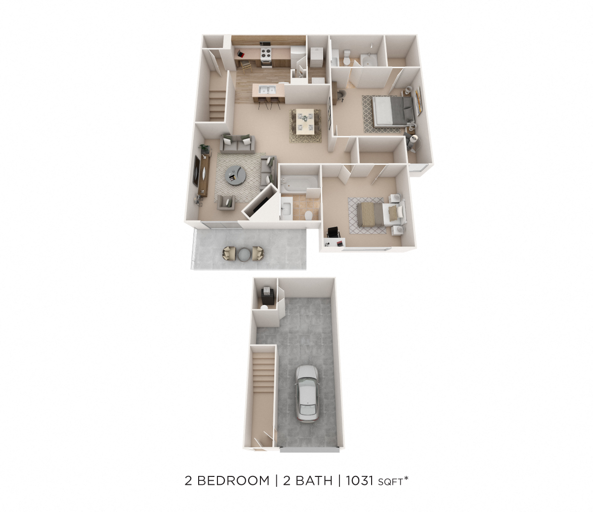 Floor plan for 2 beds, 2 baths, 1031 sqft