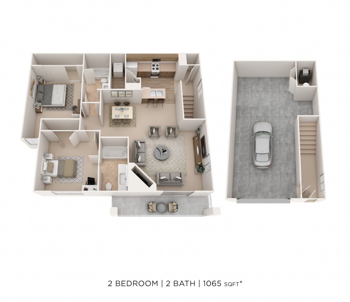 Floor plan for 2 beds, 2 baths, 1065 sqft