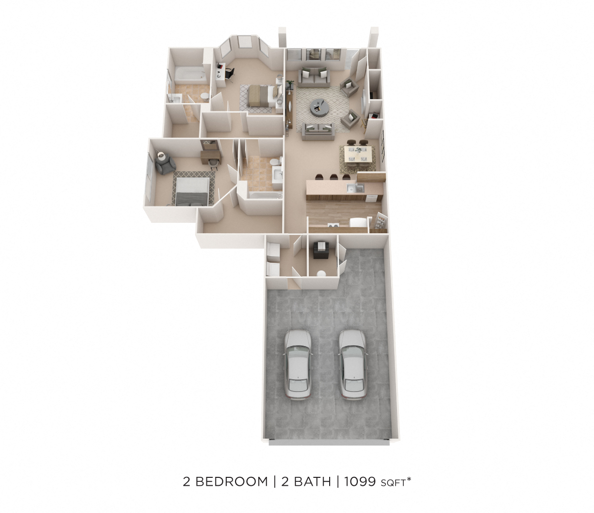 Floor plan for 2 beds, 2 baths, 1099 sqft