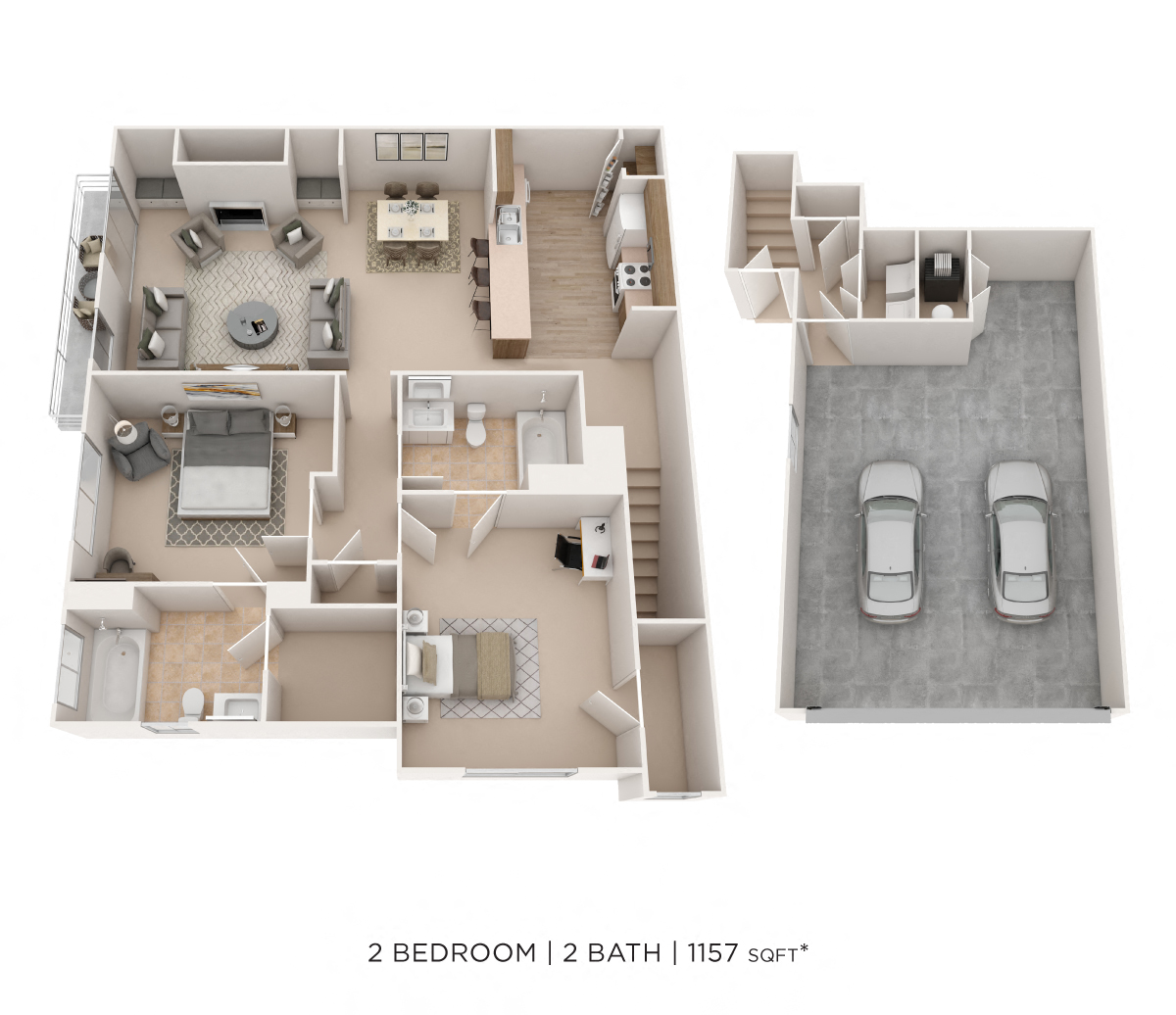 Floor plan for 2 beds, 2 baths, 1157 sqft