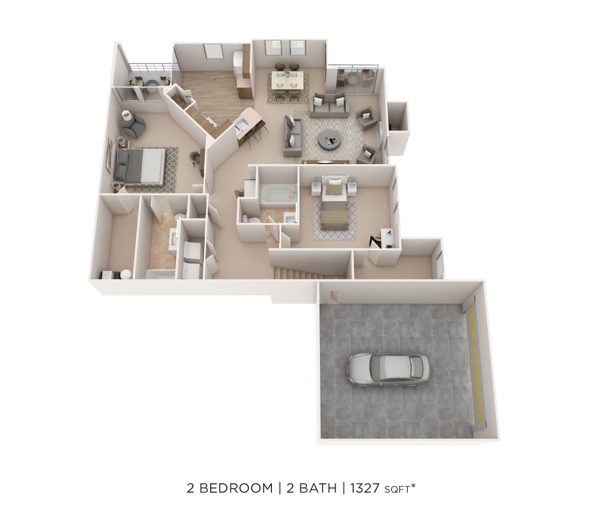 Floor plan for 2 beds, 2 baths, 1327 sqft
