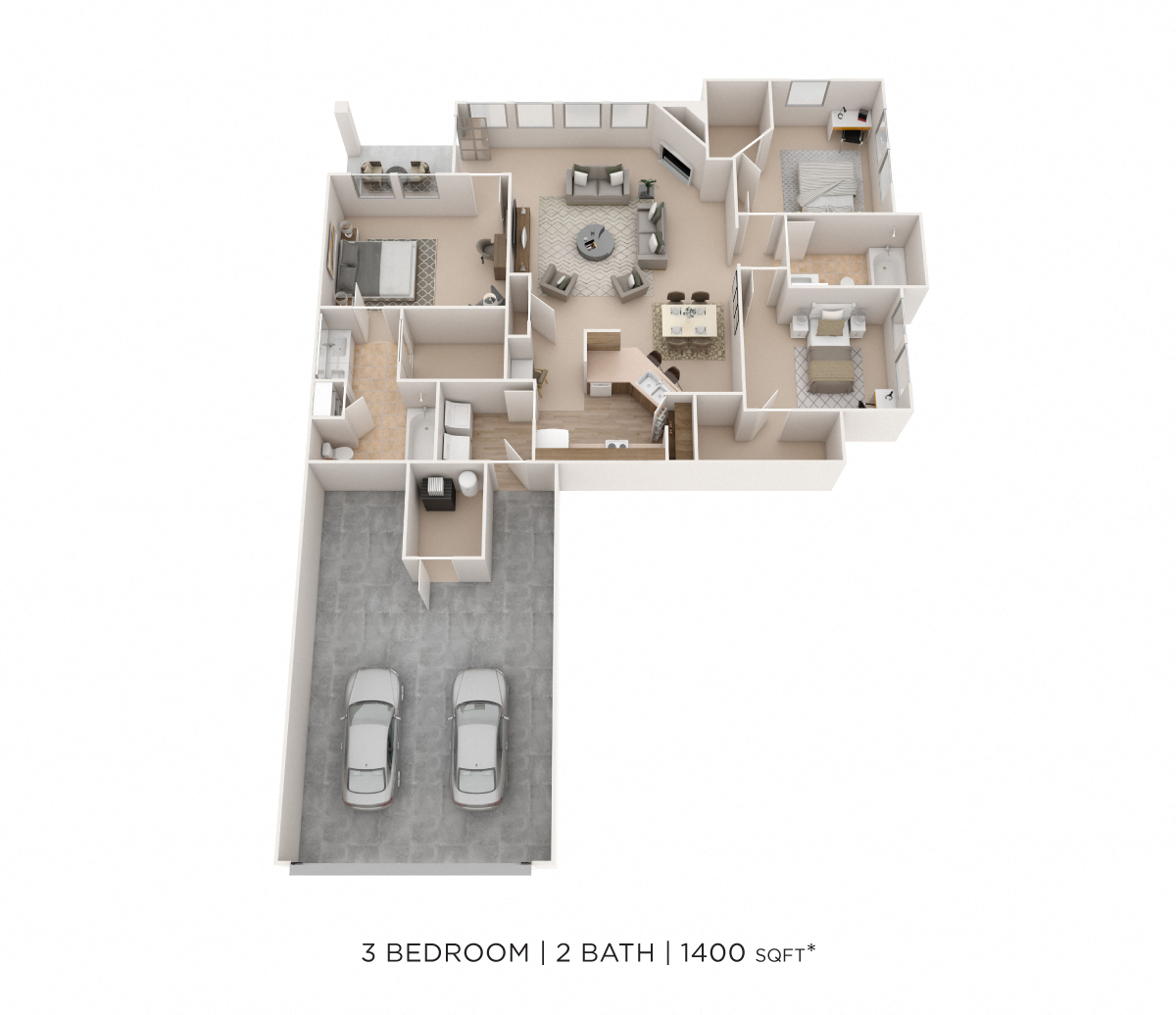 Floor plan for 3 beds, 2 baths, 1400 sqft