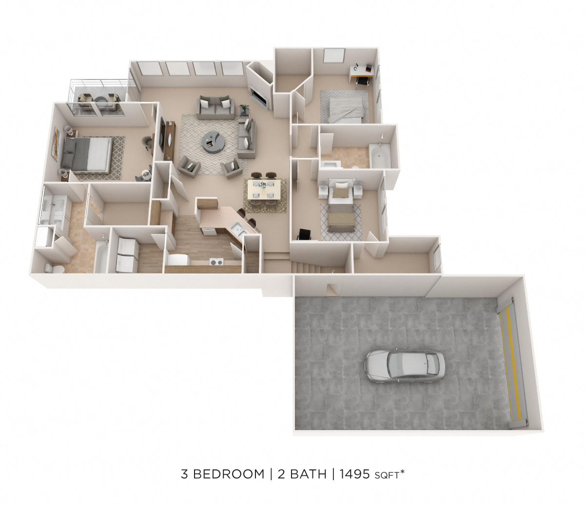 Floor plan for 3 beds, 2 baths, 1495 sqft