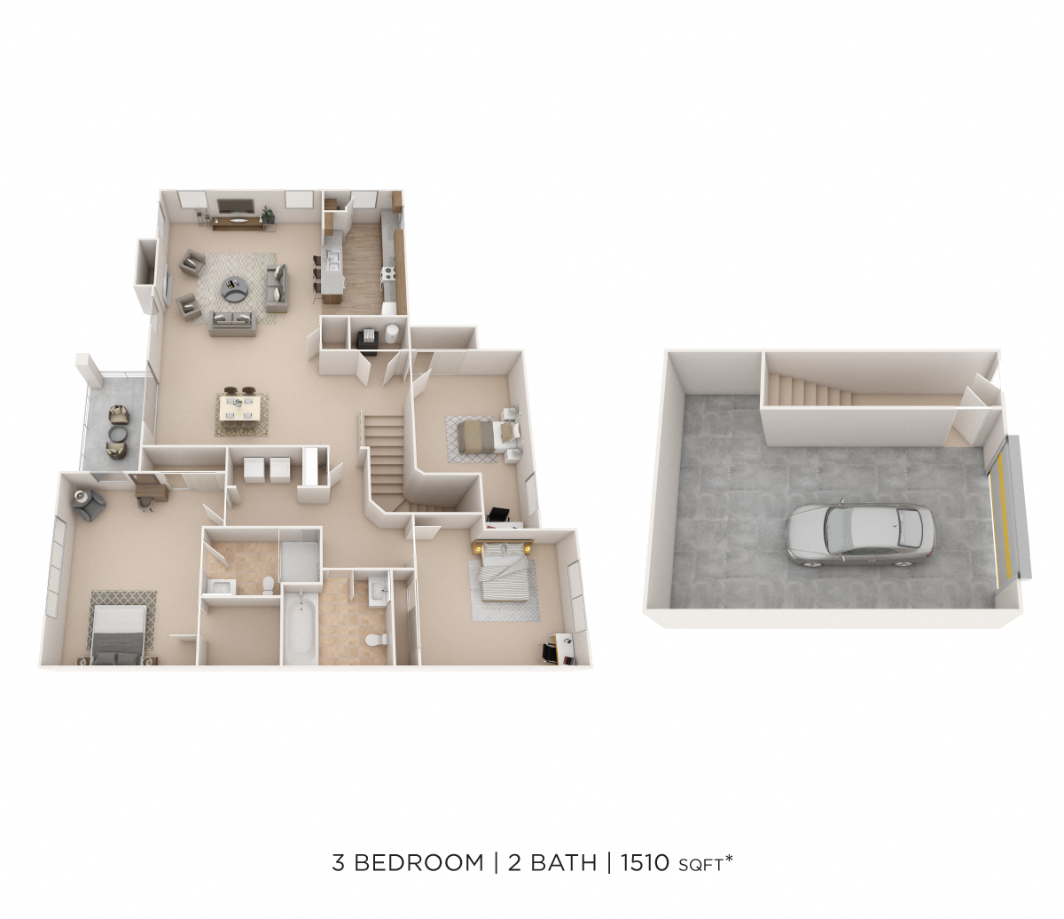 Floor plan for 3 beds, 2 baths, 1510 sqft