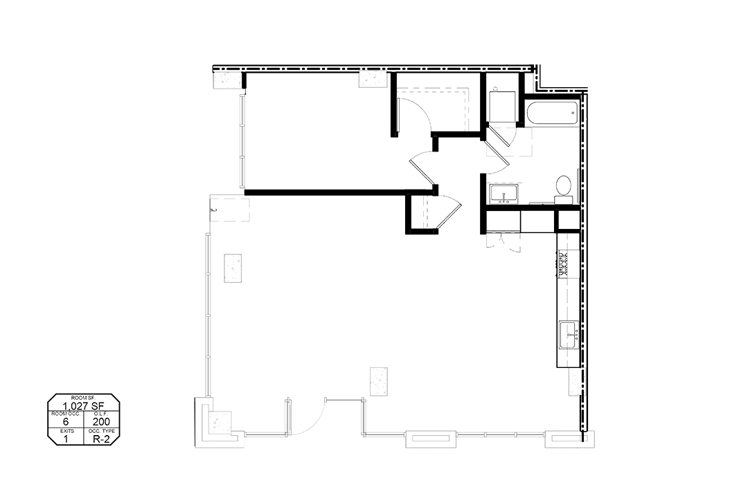 Floor plan for 1 bed, 1 bath, 1027 sqft