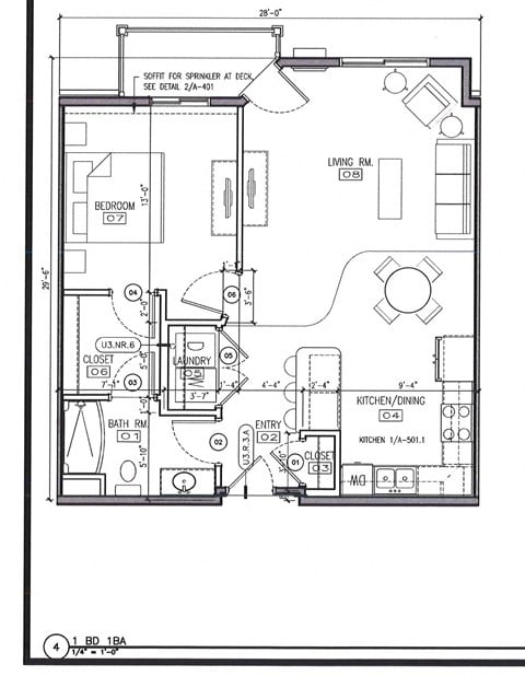 Floor plan for 1 bed, 1 bath, 785 sqft