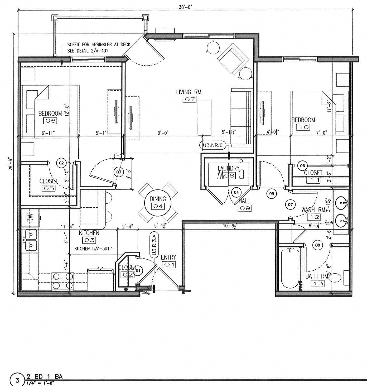 Floor plan for 2 beds, 1 bath, 971 sqft