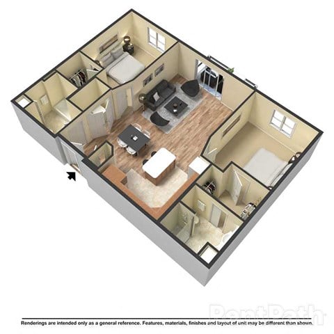 Floor plan for 2 beds, 2 baths, 1033 sqft