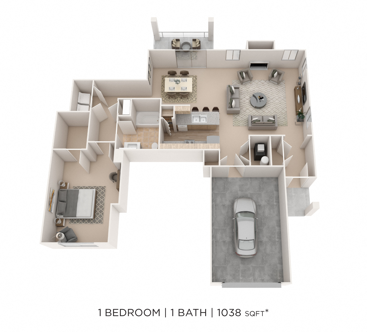 Floor plan for 1 bed, 1 bath, 1038 sqft