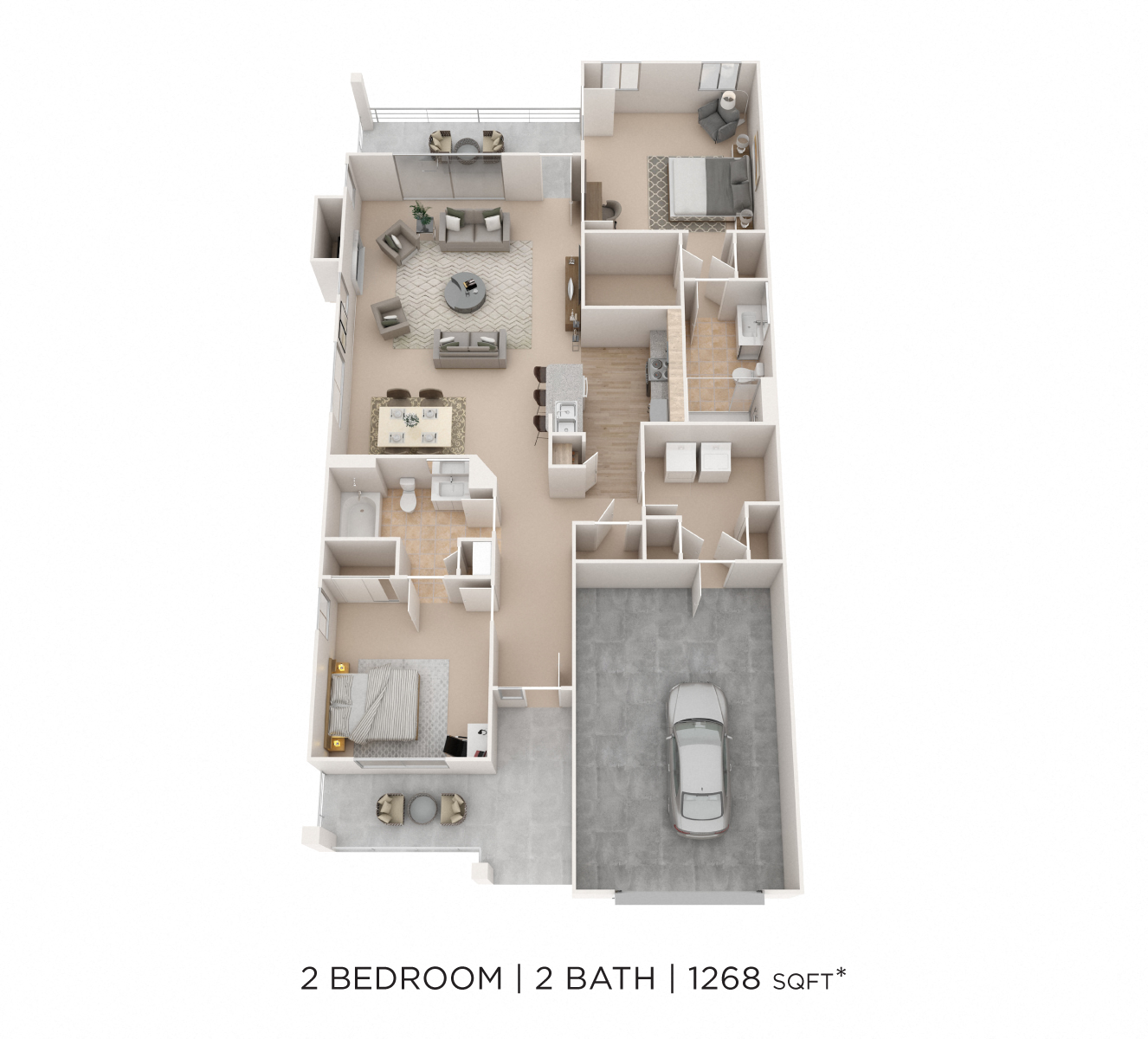 Floor plan for 2 beds, 2 baths, 1268 sqft