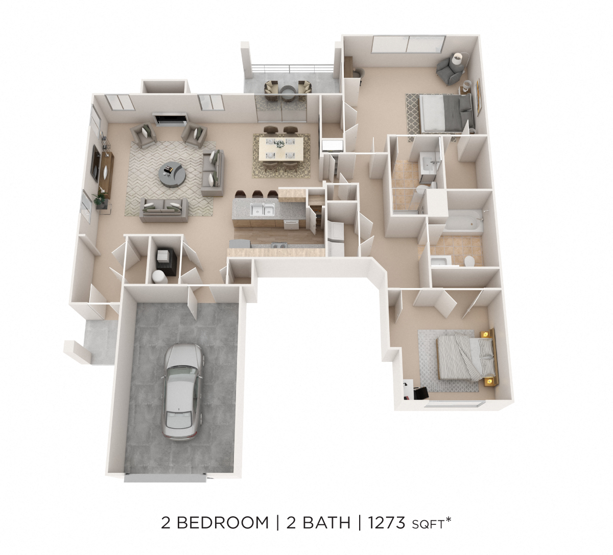 Floor plan for 2 beds, 2 baths, 1273 sqft