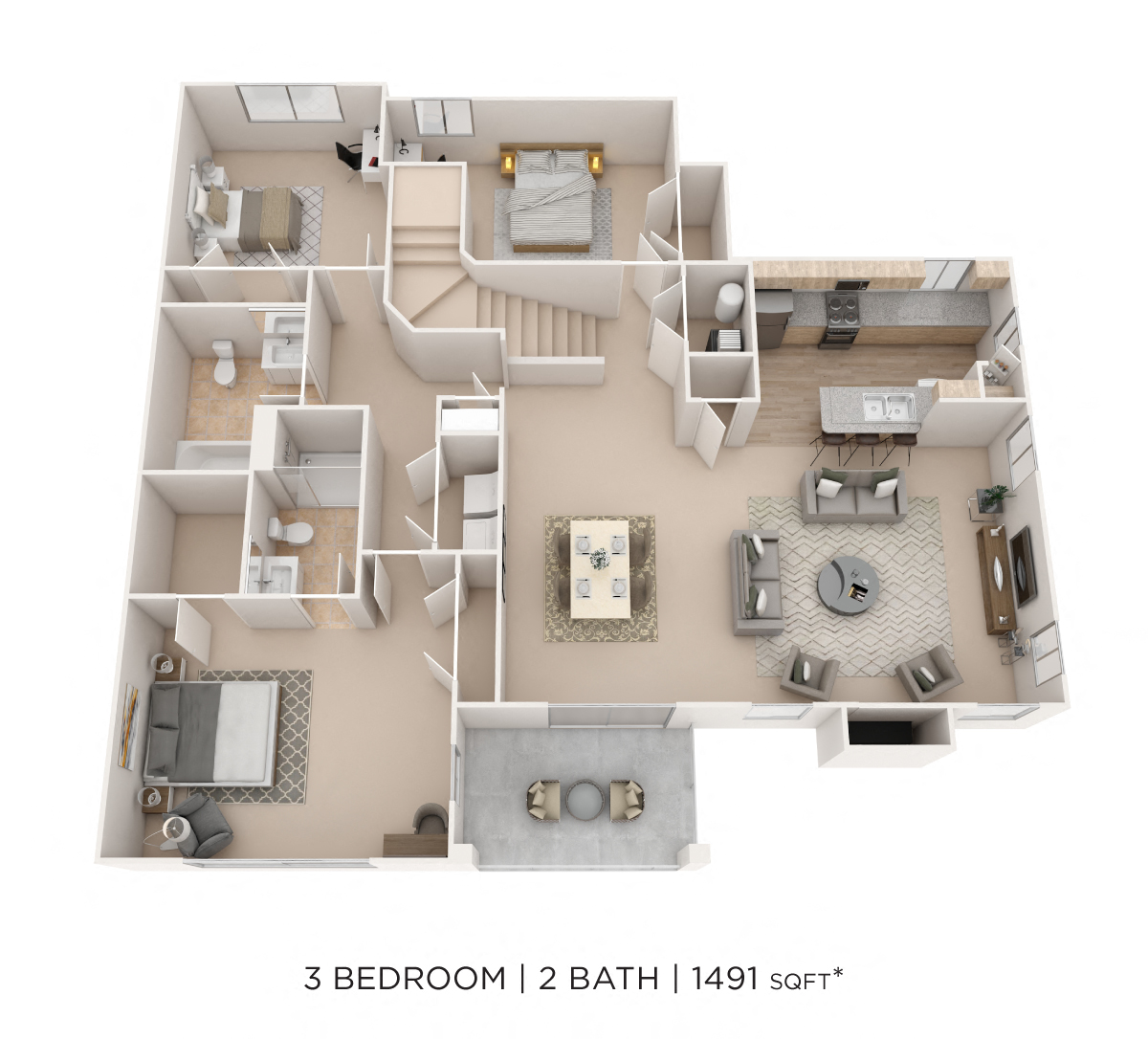 Floor plan for 3 beds, 2 baths, 1491 sqft