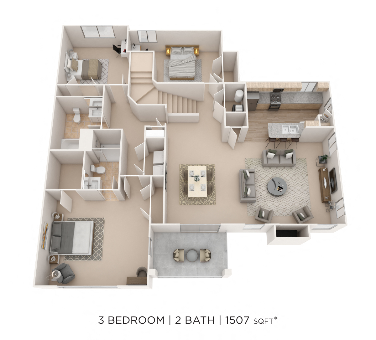 Floor plan for 3 beds, 2 baths, 1507 sqft
