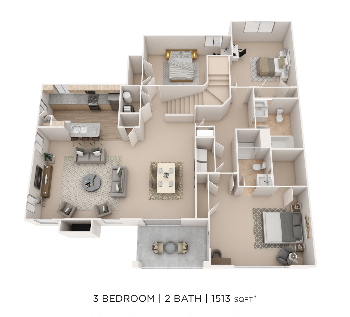 Floor plan for 3 beds, 2 baths, 1513 sqft