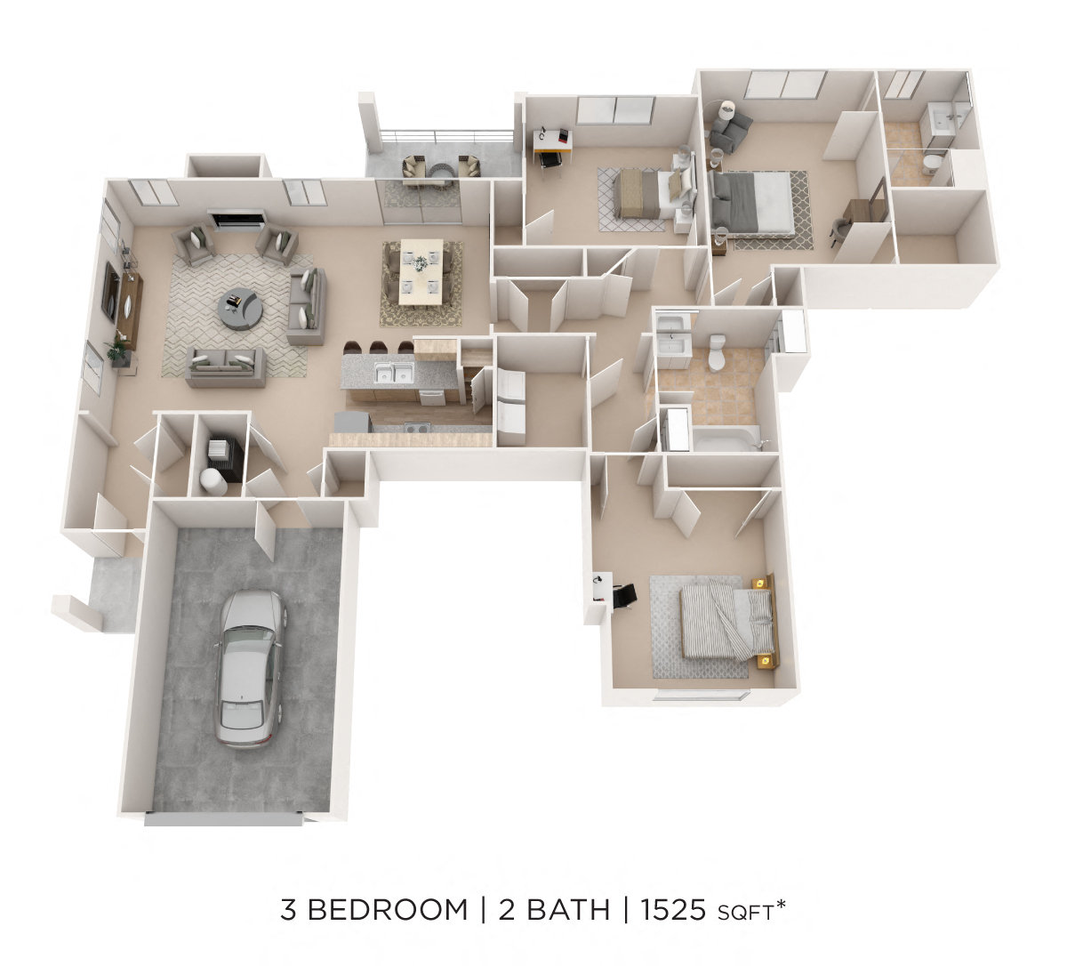 Floor plan for 3 beds, 2 baths, 1525 sqft