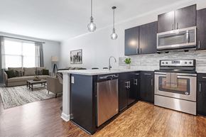 Webster apartment for rent - A modern kitchen with dark wood cabinets and stainless steel appliances.