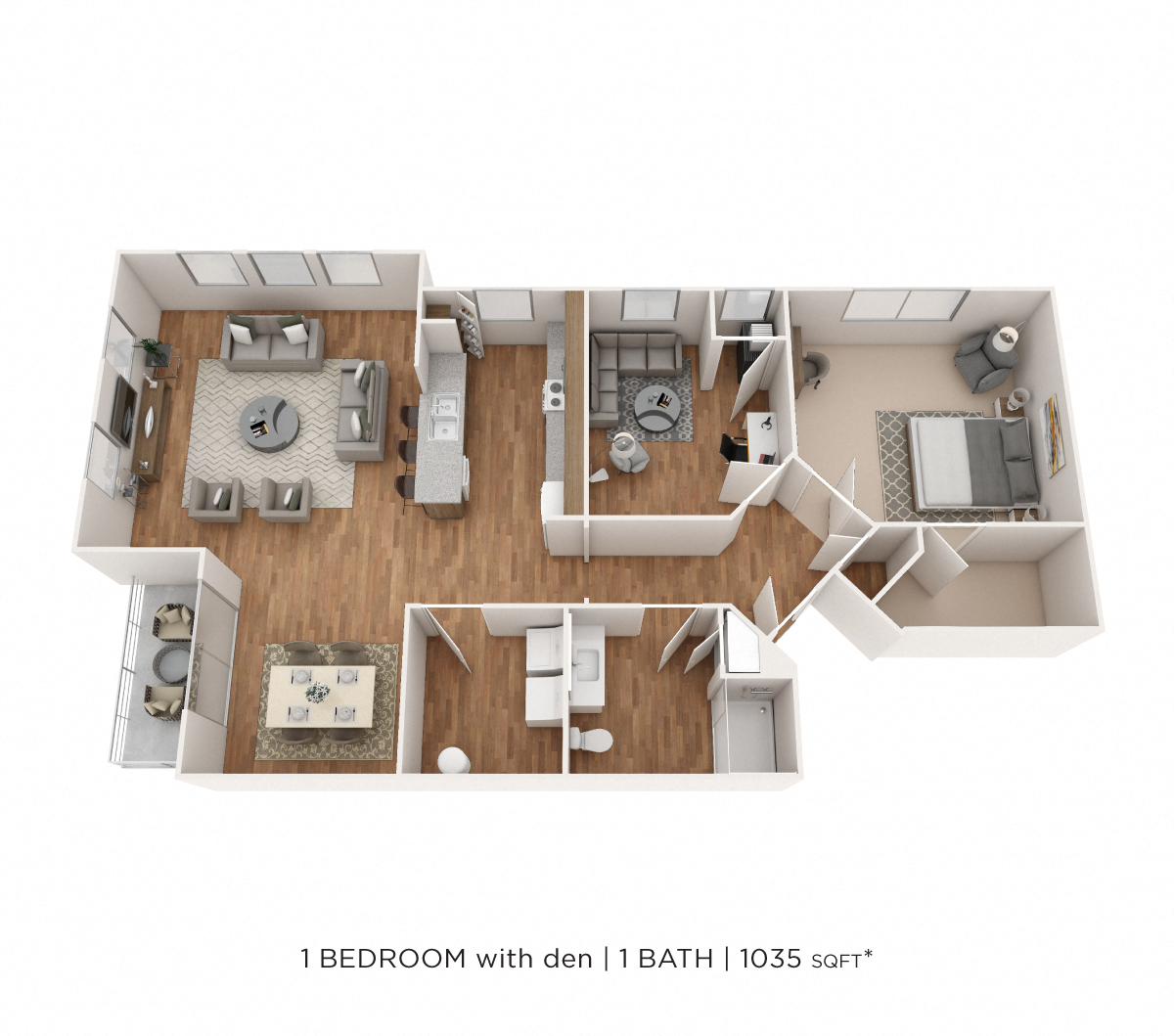 Floor plan for 1 bed, 1 bath, 1035 sqft