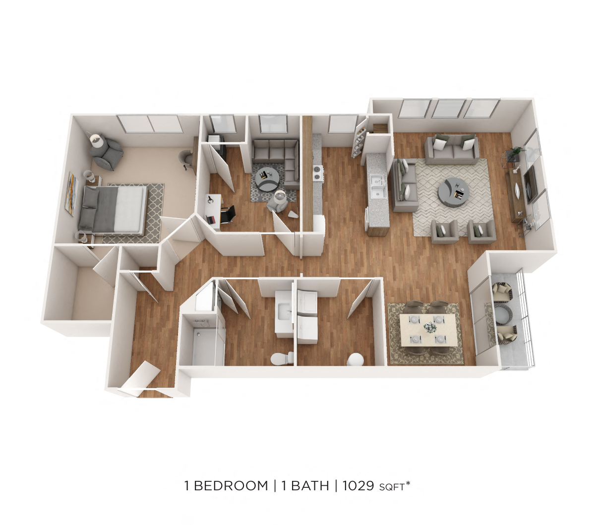 Floor plan for 1 bed, 1 bath, 1029 sqft