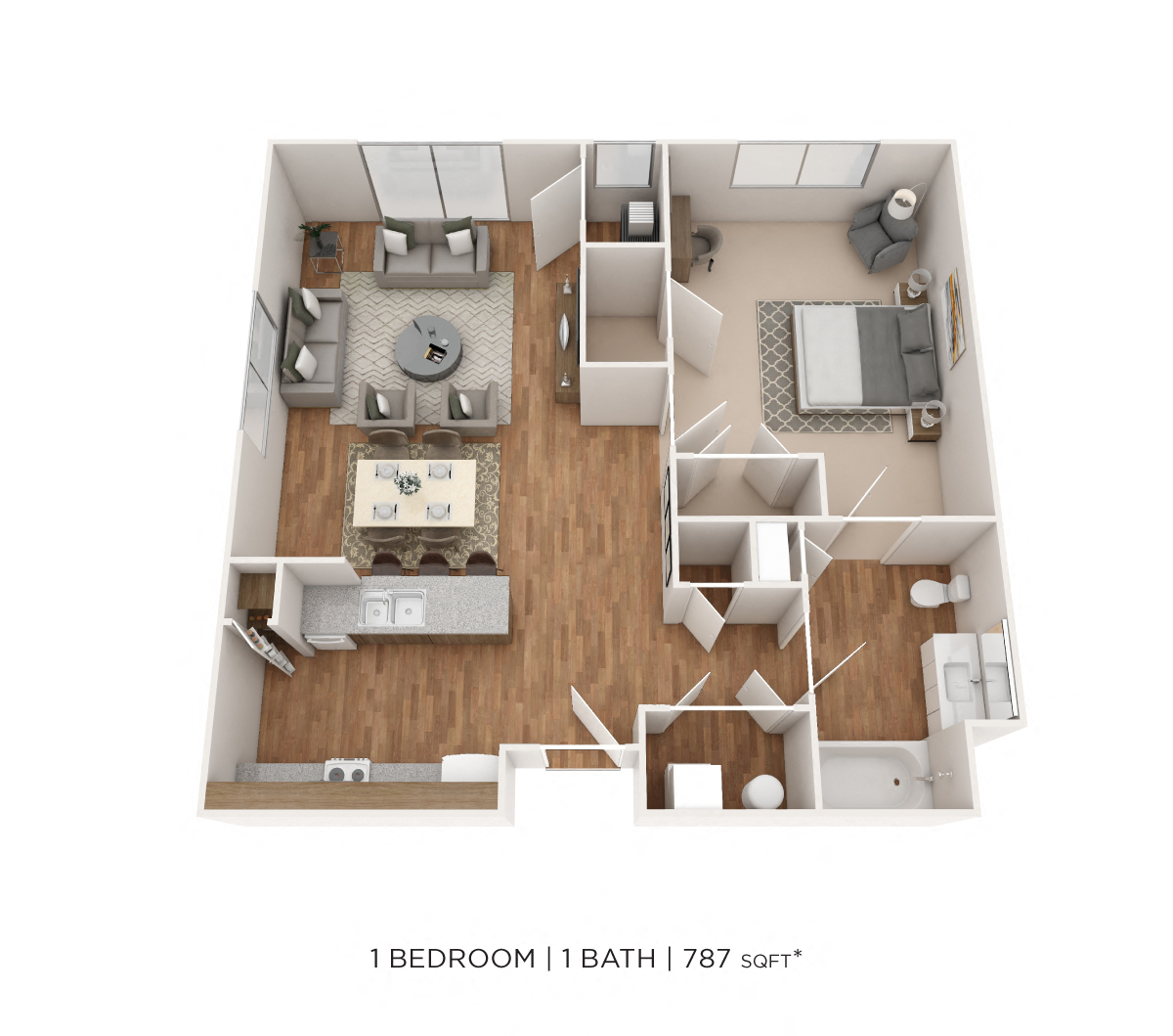 Floor plan for 1 bed, 1 bath, 787 sqft