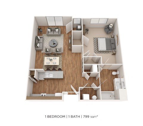 Floor plan for 1 bed, 1 bath, 799 sqft